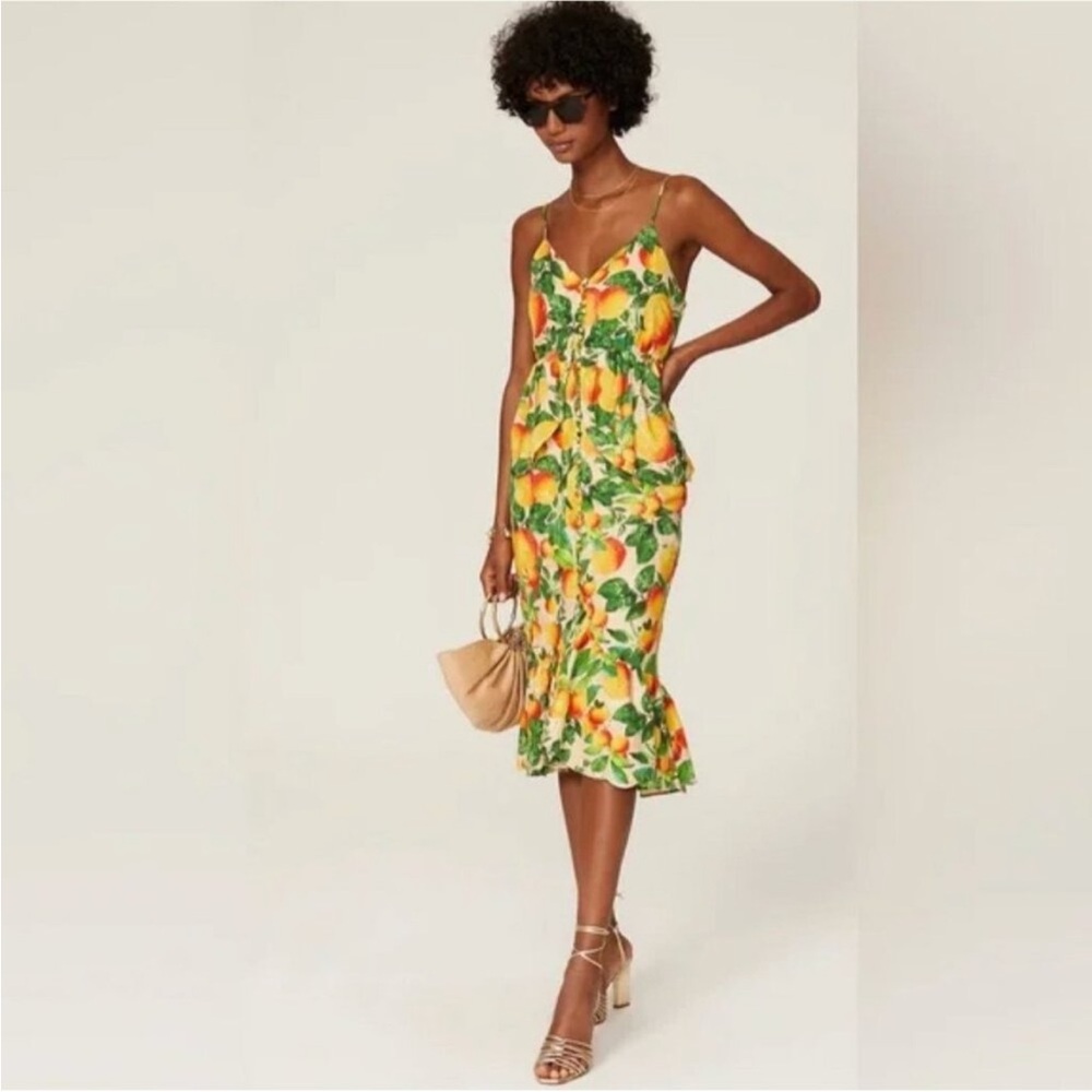 FARM RIO Orange Sands Citrus Print Midi Dress Orange Fruit Novelty Eyelet Linen